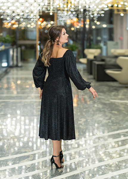 Прокат платья Черное миди блестящее со спущенными плечами для фотосессии и мероприятия в Новосибирске