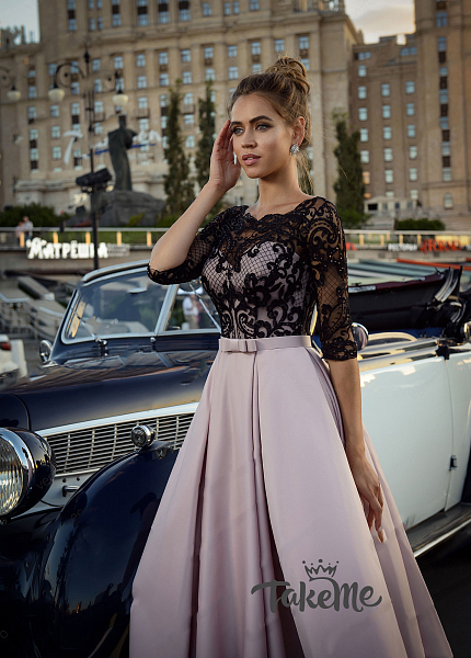 Прокат платья Розовое макси с черным кружевным верхом для фотосессии и мероприятия в Новосибирске